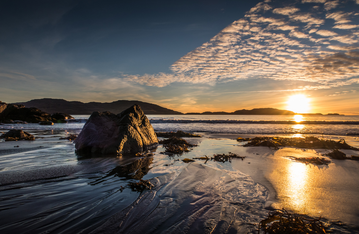 One of Mull's most striking beach walks, Traigh na Cille is very dramatic and especially stunning at sunset with its black sand.