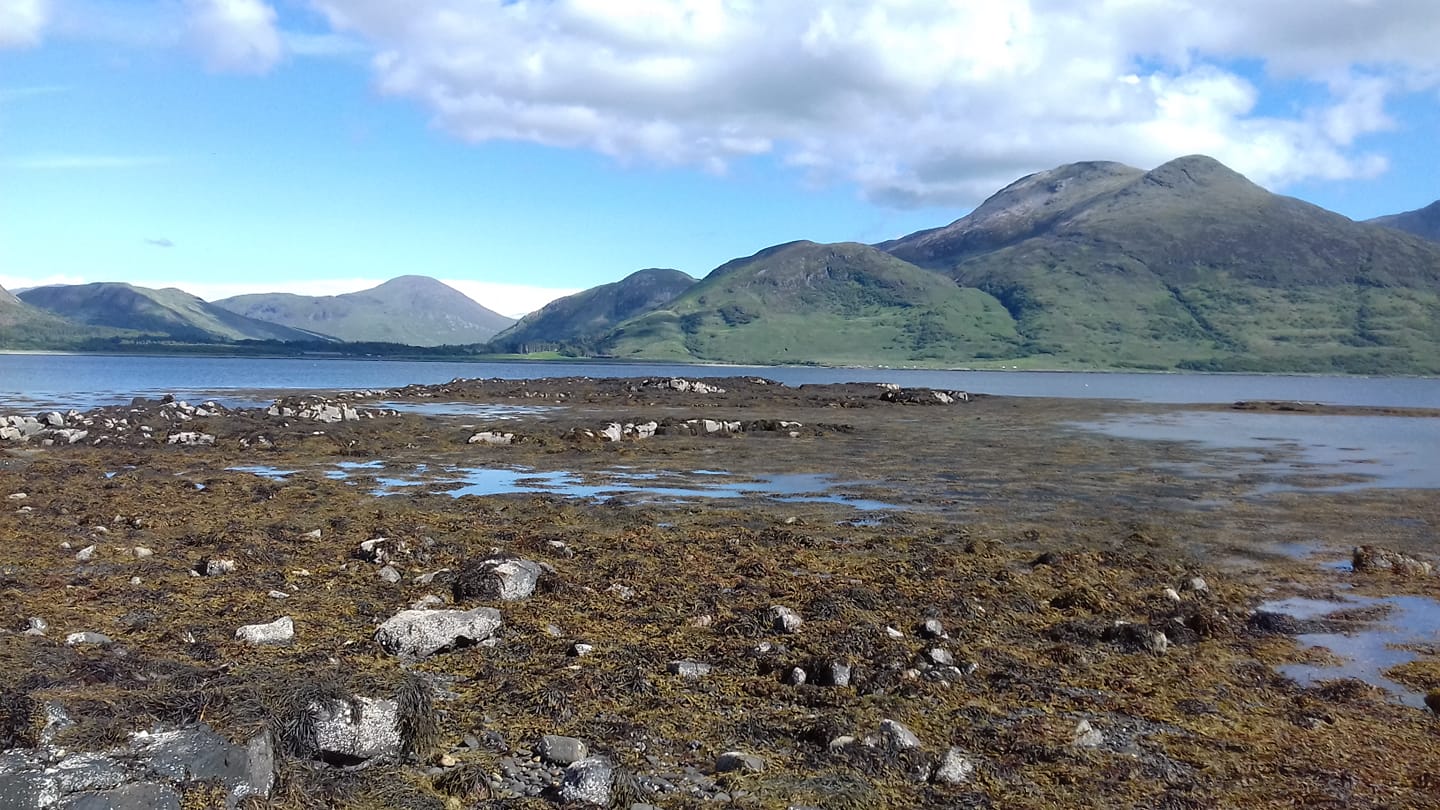 pebble and seaweed shoreline with loch and Isle of Mull mountains behind