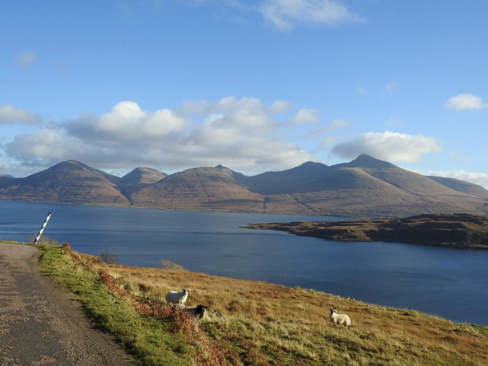 view from land across the sea loch to Ben More over north shore of Loch na Keal