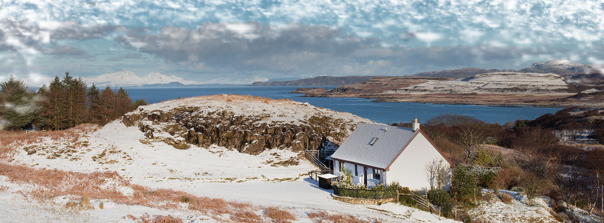 Witch's Cottage, a holiday cottage by the sea on Mull, surrounded by snow in the winter