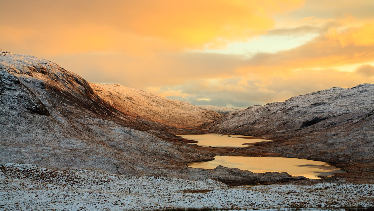 The Three Lochs virwpoint in Glen More, Isle of Mull, winter sunset