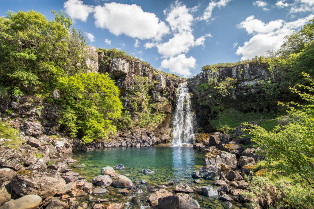 Waterfall cascading into turquoise pool flanked by rocks and trees on a sunny day