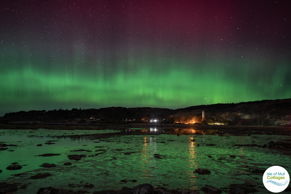 Northern Lights above Dervaig village and Loch Cuin.