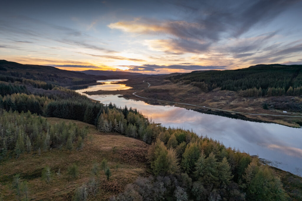 Looking along Mishnish Lochs at sunset