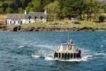 The Ulva ferry with the Boathouse on Ulva in the background