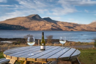 The view from the garden and perfect spot for a nightcap at Balach Oir looking over loch Scridain to Ben More