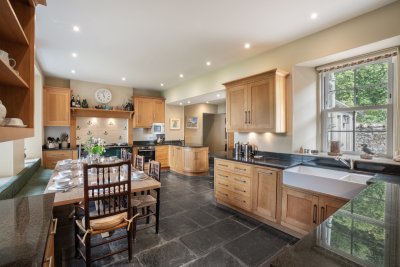 The spacious kitchen will delight chefs in the party