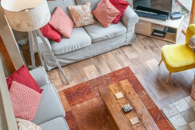 Looking down to the living area from the gallery landing