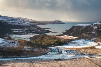 A bird's eye view over Geat nan Croisean and the beach down the hill on a winter's day