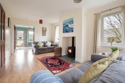 The light-filled living room, one of two reception rooms at Puffin.