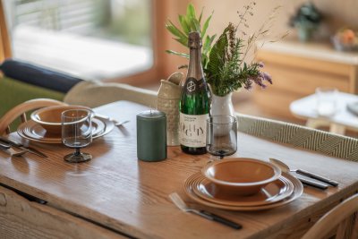 The table is set with lovely sea views