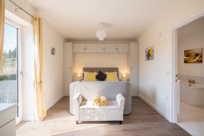 The sumptuously appointed master bedroom, complete with pop-up TV in the footboard!