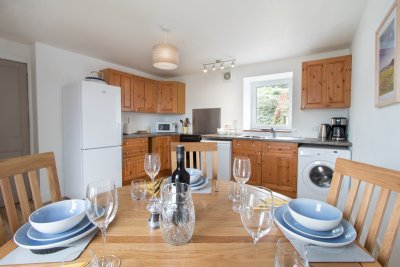 Dining table set for a meal