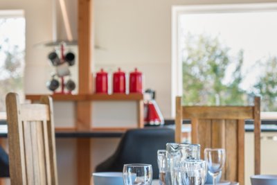 Dining table set for a meal