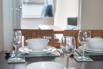 Dining table set for a meal