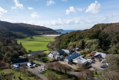 Looking over the Calgary Bay Co Cafe, accommodation and surrounding buildings