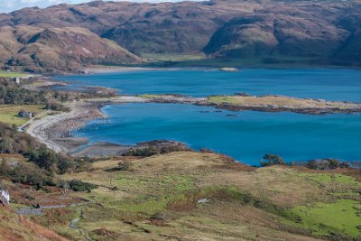 Looking over the cabin and across the bay at Lochbuie