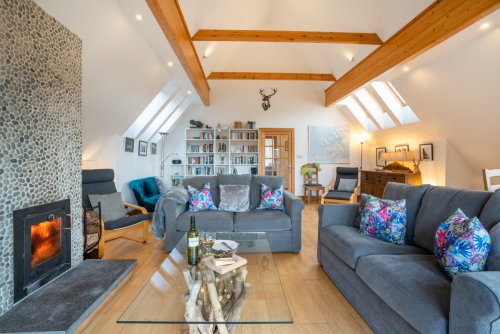 Beautiful high ceilings add character to the living area