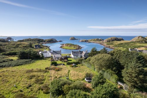 Maple Cottage and garden viewed from above at Kintra