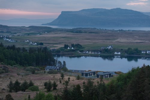Looking over Cherry Tree Lodge and Rowan Tree Lodge at sunset