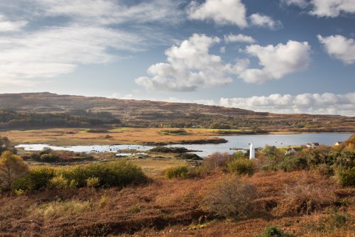 Looking over Dervaig's pencil tower church to loch Cuin