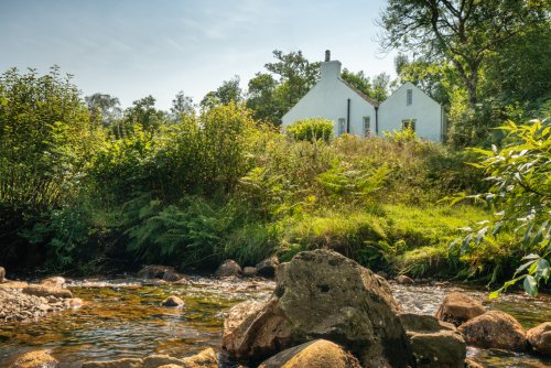 A beautiful burn runs behind the cottage through woodland